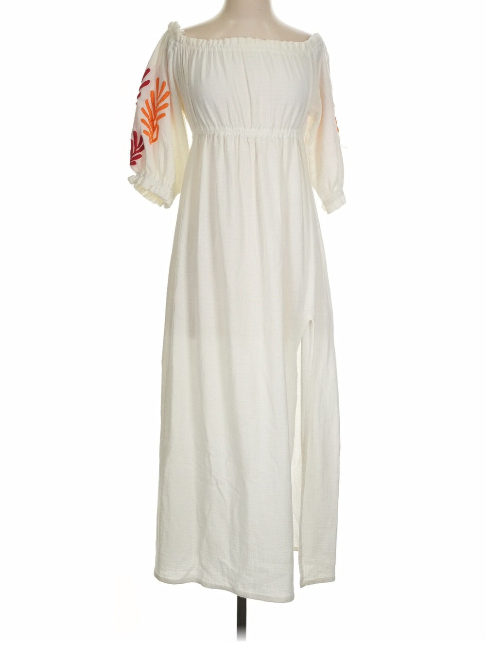 Sundress womans boho White Off-Shoulder Maxi Dress w Embroidered Puff Sleeves XS